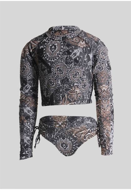 Conjunto de Biquíni Teen Manga Comprida Preto e Marrom