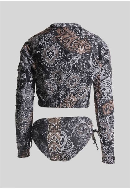 Conjunto de Biquíni Teen Manga Comprida Preto e Marrom