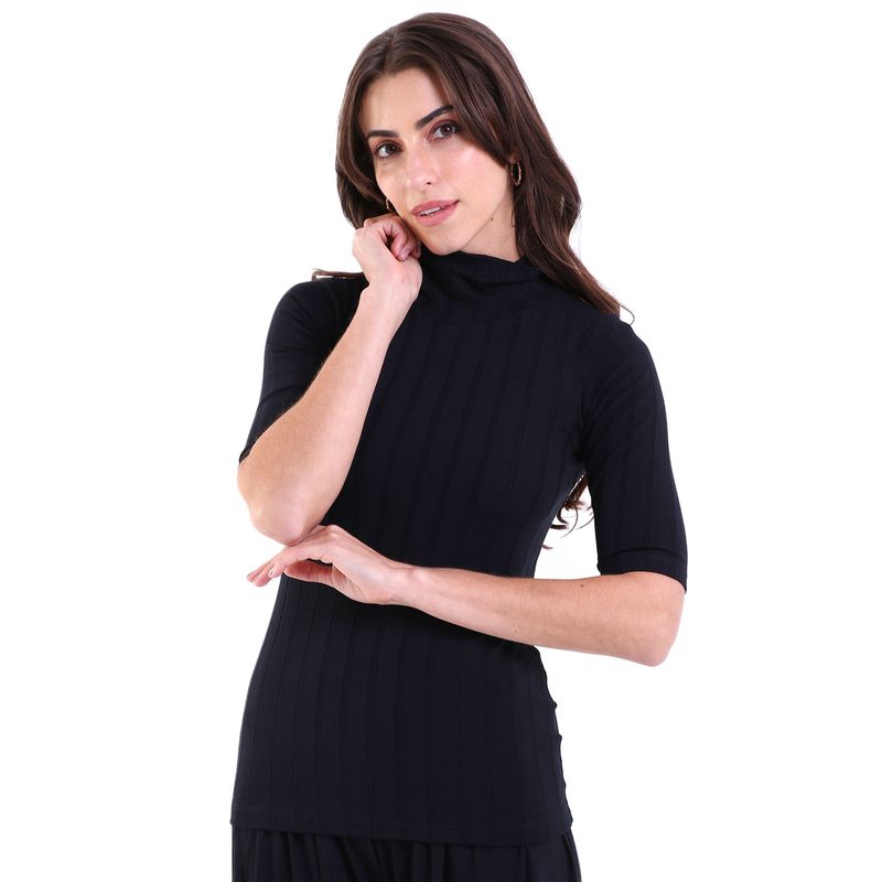 Blusa Feminina Gola Alta Manga 3/4 Visco Canelado