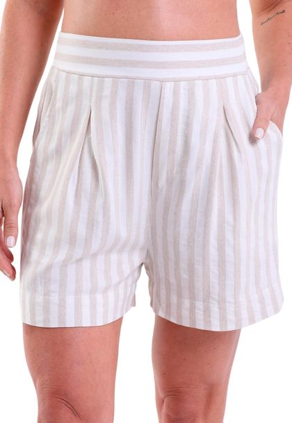 Shorts Curto Feminino Linho com Bolsos Tebas Listrado Areia