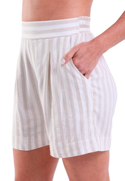 Shorts Curto Feminino Linho com Bolsos Tebas Listrado Areia