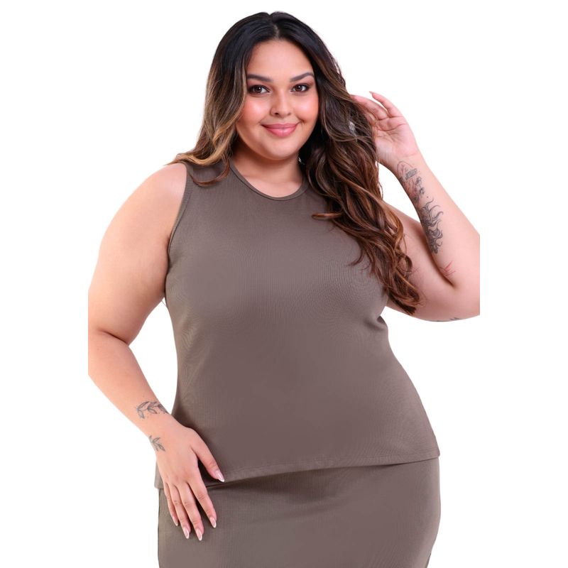 Regata Feminina Plus Size Gola Redonda Canelado