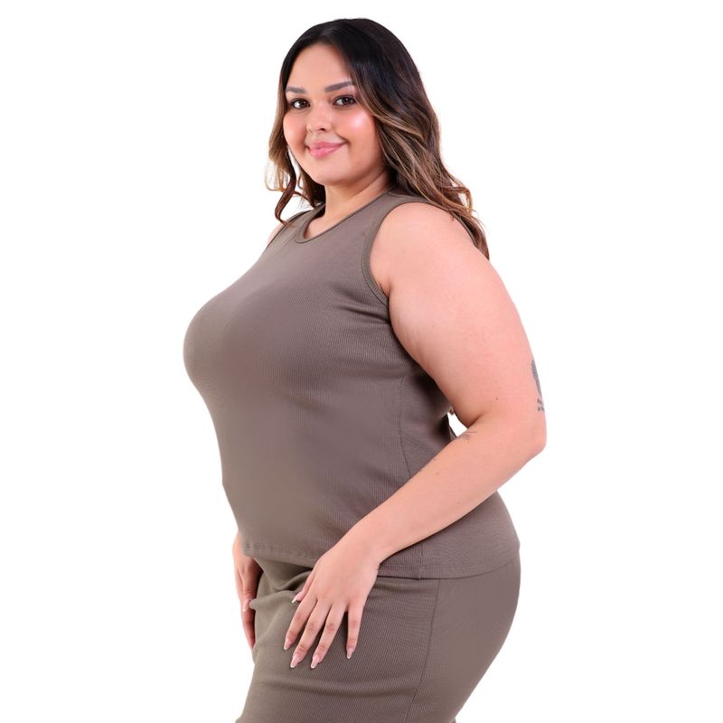 Regata Feminina Plus Size Gola Redonda Canelado
