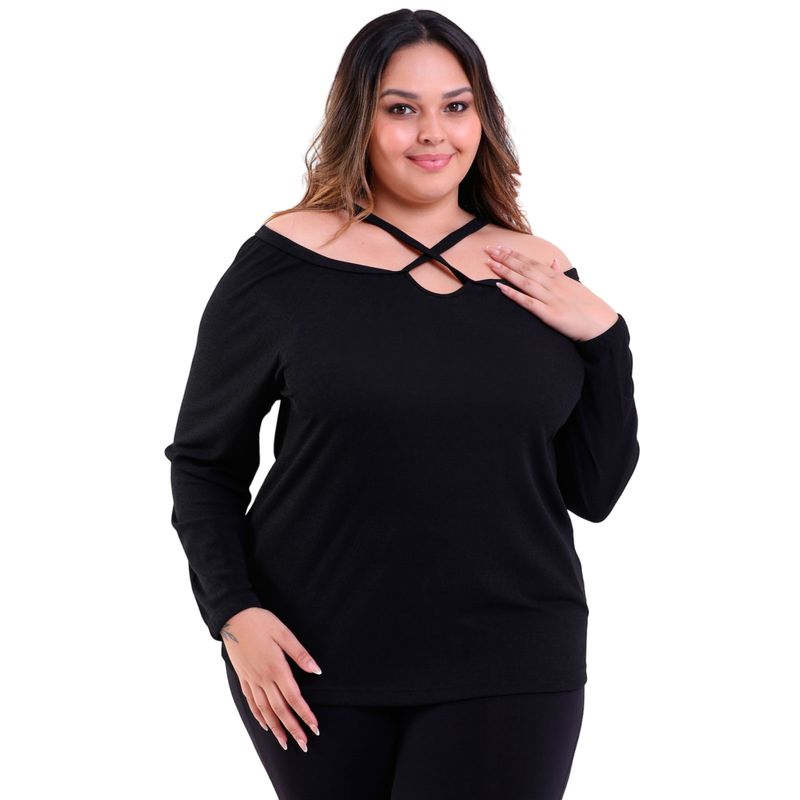 Blusa Feminina Plus Size Manga Longa com Alças Cruzadas