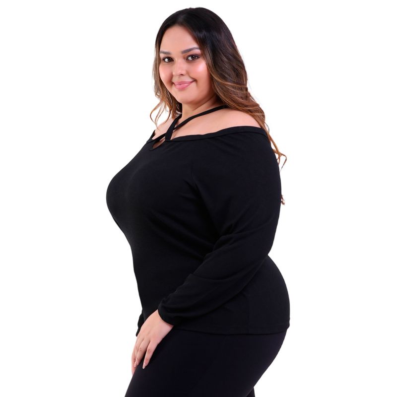 Blusa Feminina Plus Size Manga Longa com Alças Cruzadas