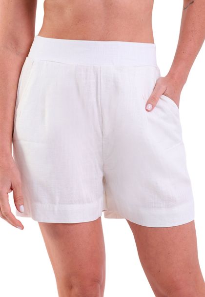 Shorts Feminino Linho Com Bolsos Laterais e Pregas