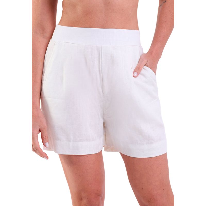 Shorts Feminino Linho Com Bolsos Laterais e Pregas