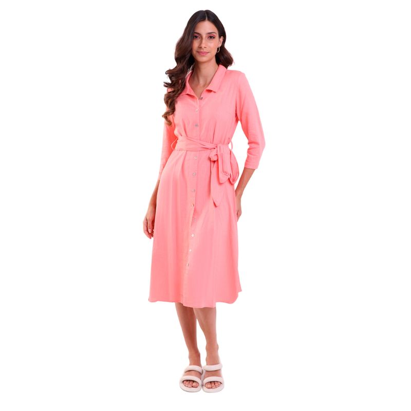 Vestido Longo Linho Chemise Manga 3/8