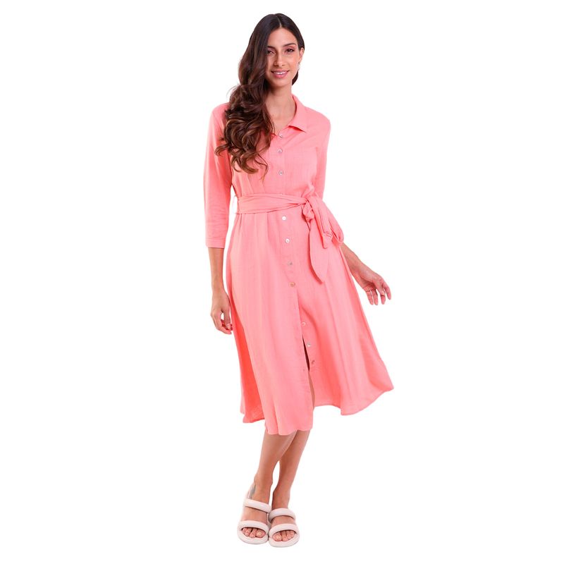 Vestido Longo Linho Chemise Manga 3/8