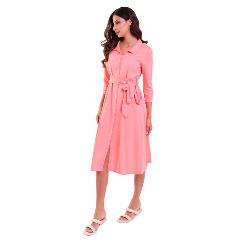 Vestido Longo Linho Chemise Manga 3/8