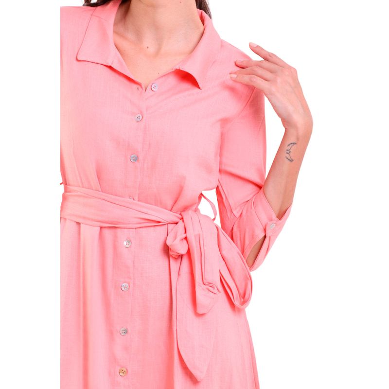 Vestido Longo Linho Chemise Manga 3/8