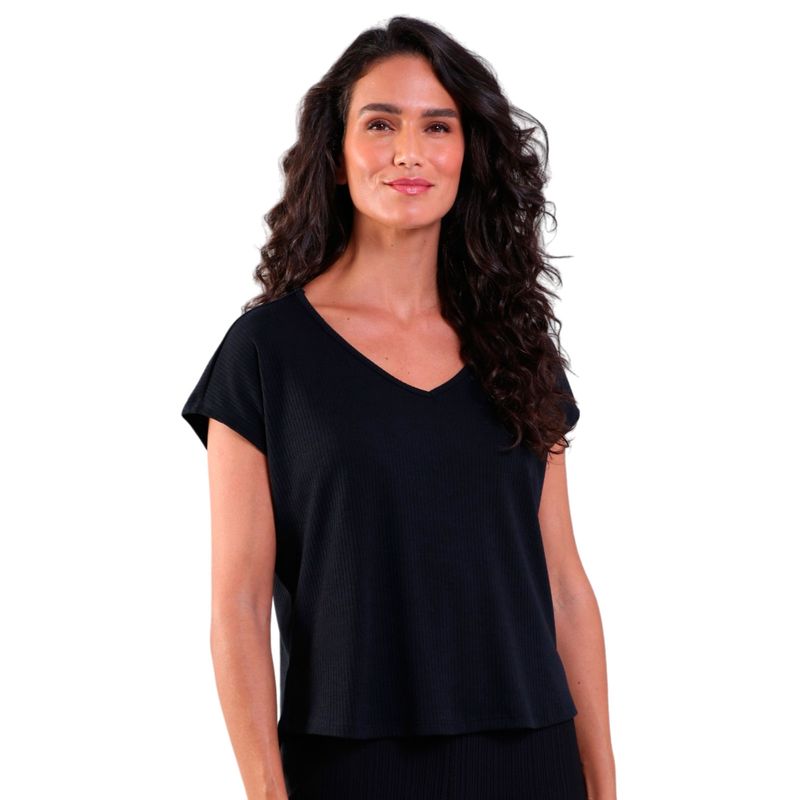 Blusa Feminina Gola V Manga Curta Canelada