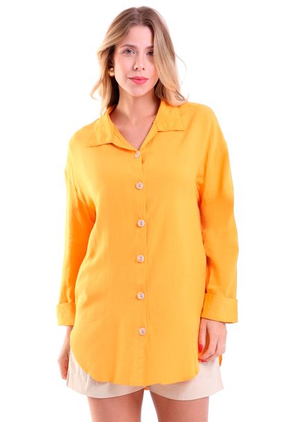 Camisão Feminino Linho Mullet Manga 3/8 com Botão Olimpia Areia