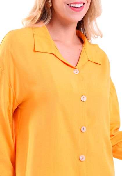 Camisão Feminino Linho Mullet Manga 3/8 com Botão Olimpia Areia