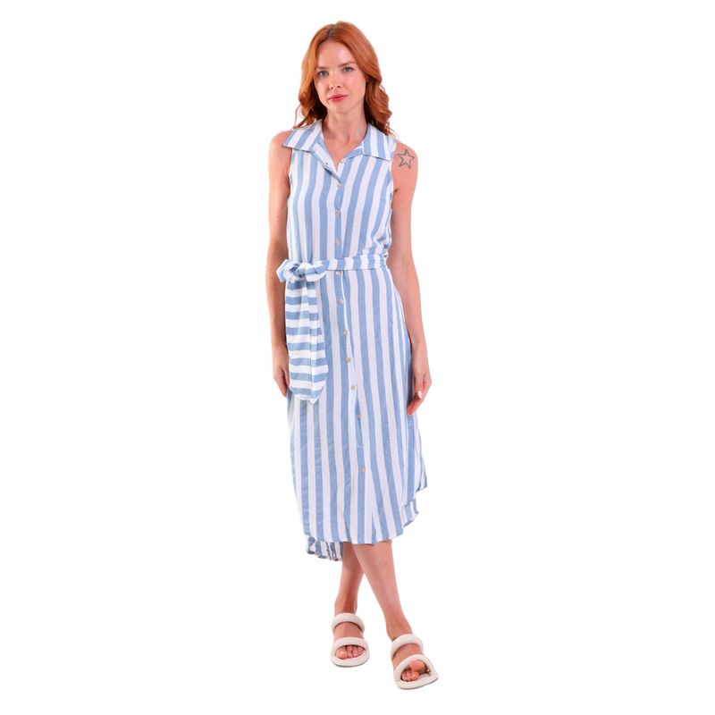 Camisão Feminino Viscose Longo Regata Botões Listrado