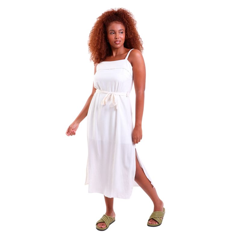 Vestido de Linho Olimpia Midi com Fenda Lateral Off White