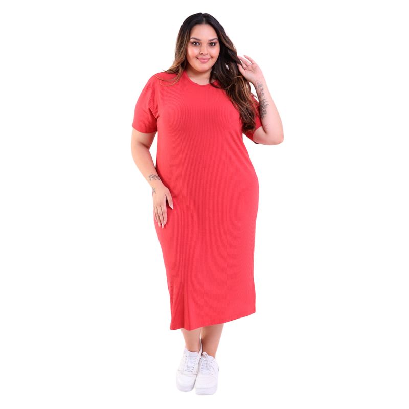 Vestido Midi Plus Size Manga Curta Canelado Terracota