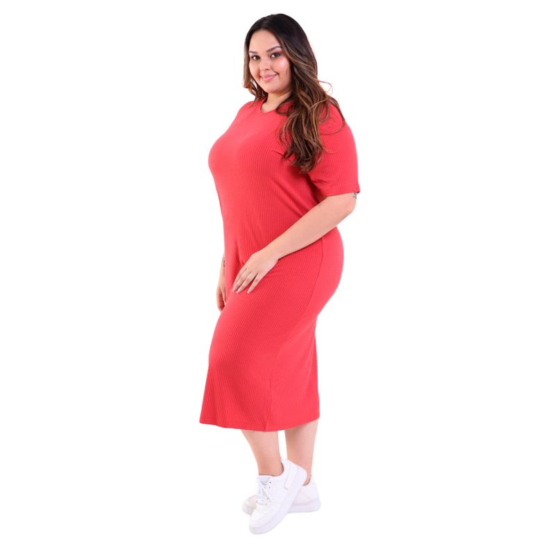 Vestido Midi Plus Size Manga Curta Canelado Terracota
