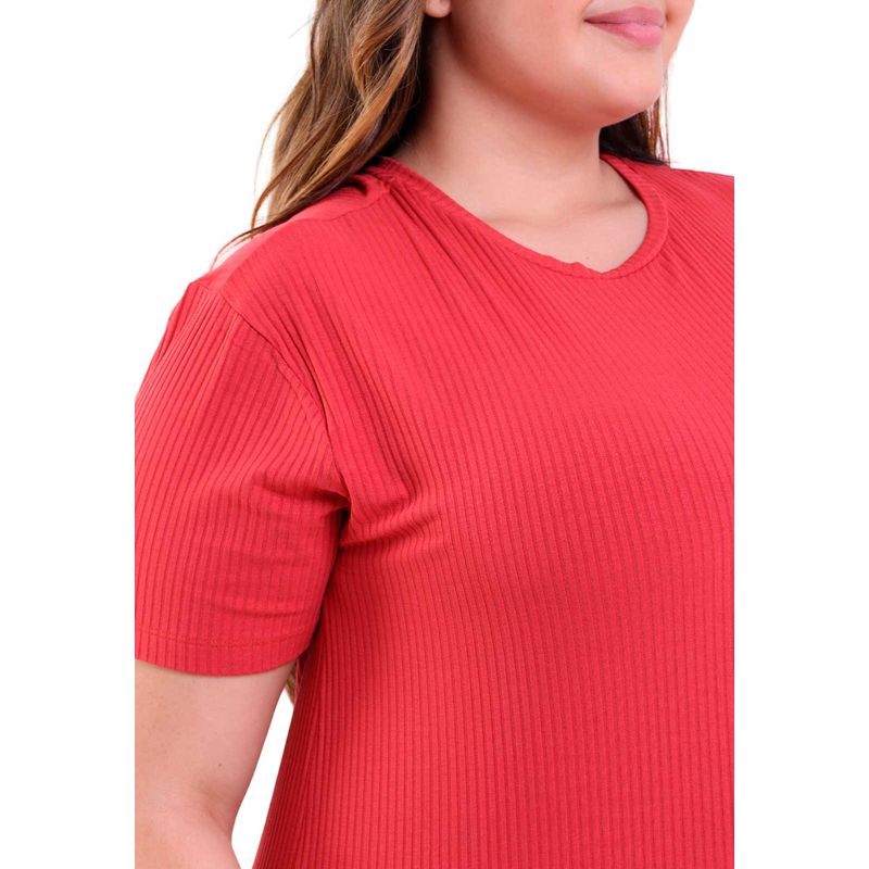 Vestido Midi Plus Size Manga Curta Canelado Terracota