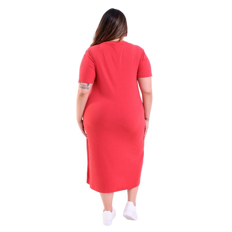 Vestido Midi Plus Size Manga Curta Canelado Terracota