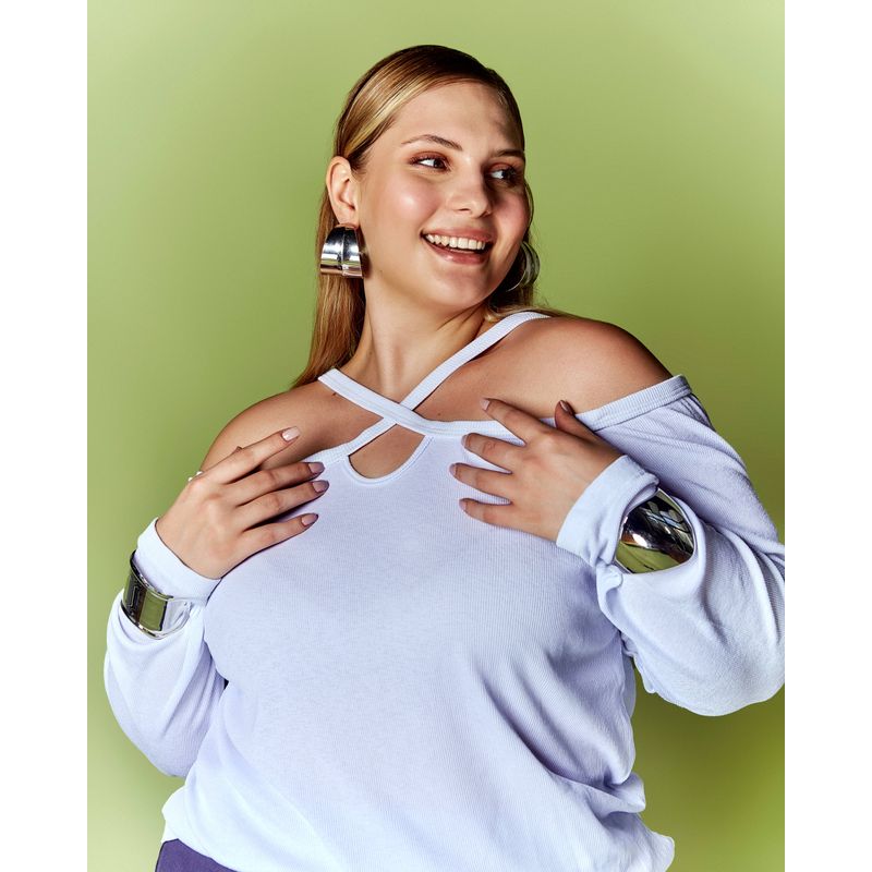 Blusa Feminina Plus Size Manga Longa com Alças Cruzadas