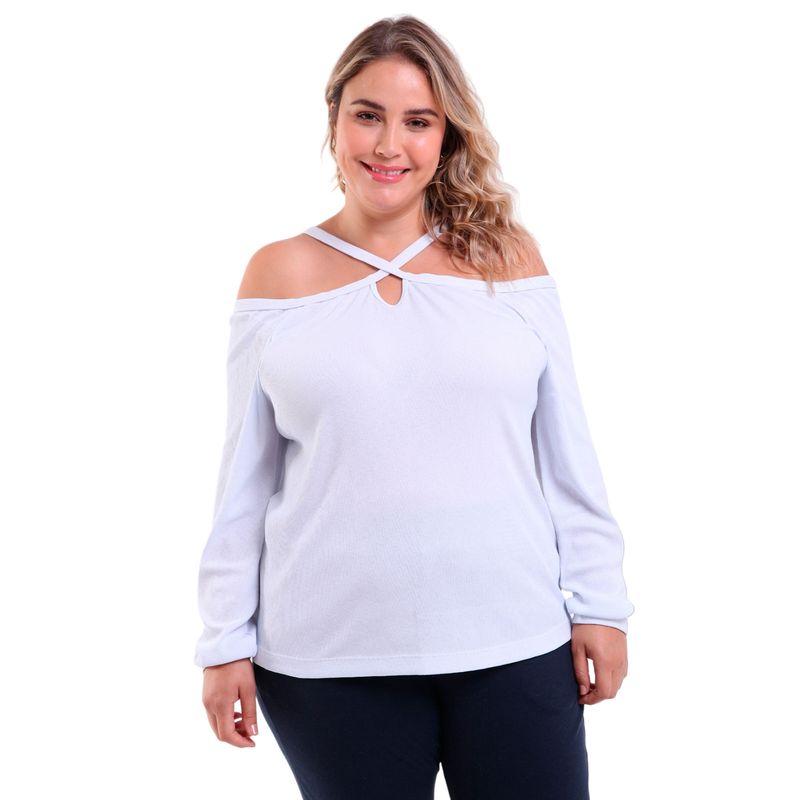 Blusa Feminina Plus Size Manga Longa com Alças Cruzadas
