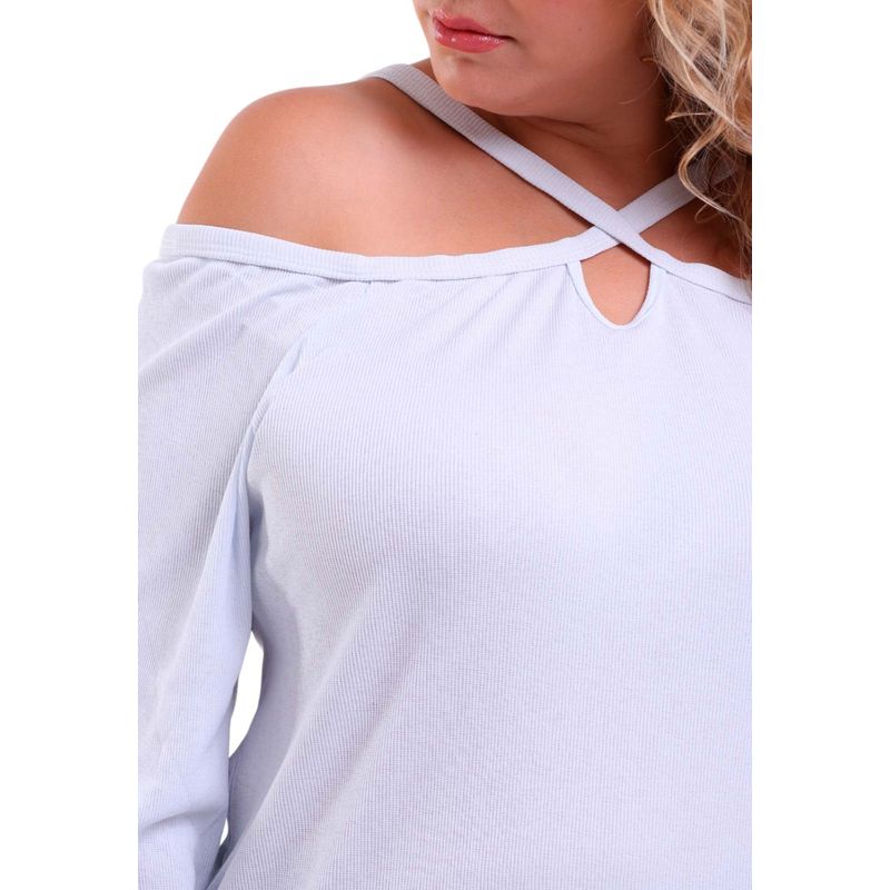 Blusa Feminina Plus Size Manga Longa com Alças Cruzadas