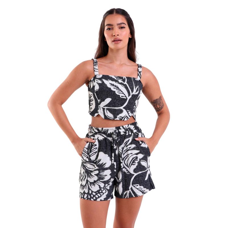 Shorts Feminino com Bolsos e Amarração Tropical Black