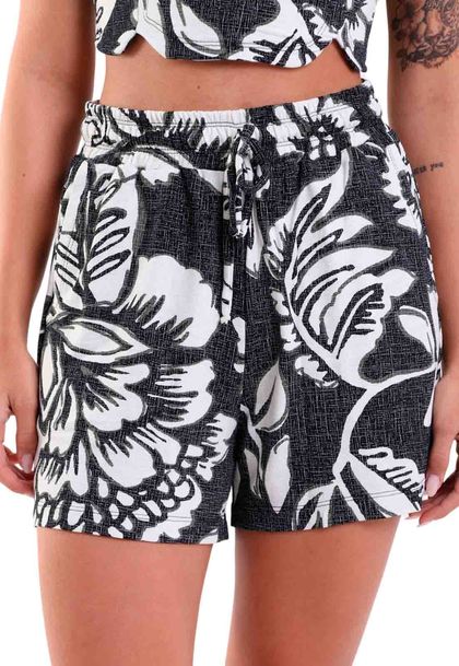Shorts Feminino com Bolsos e Amarração Tropical Black