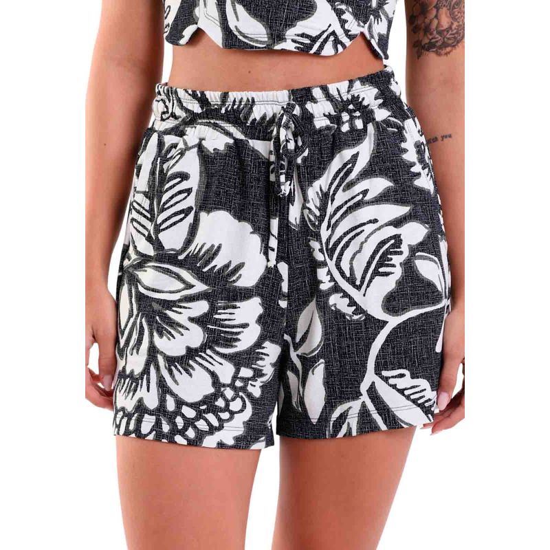 Shorts Feminino com Bolsos e Amarração Tropical Black