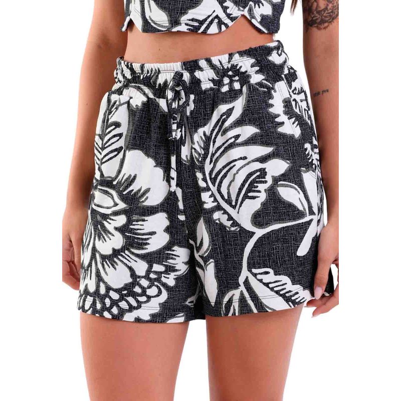 Shorts Feminino com Bolsos e Amarração Tropical Black