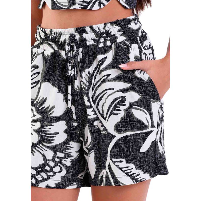 Shorts Feminino com Bolsos e Amarração Tropical Black