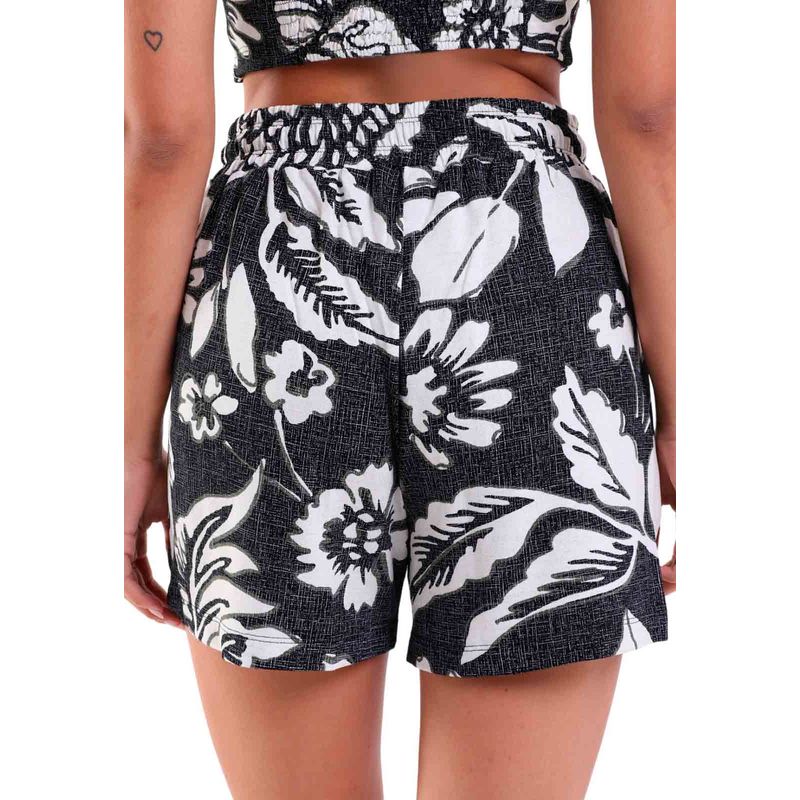 Shorts Feminino com Bolsos e Amarração Tropical Black