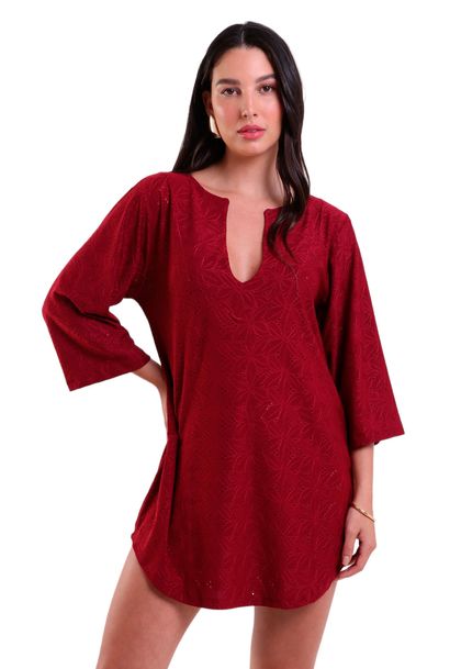 Vestido Classic Laise Saída de Praia Gola V e Manga 3/4