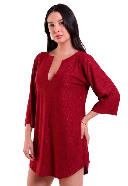 Vestido Classic Laise Saída de Praia Gola V e Manga 3/4