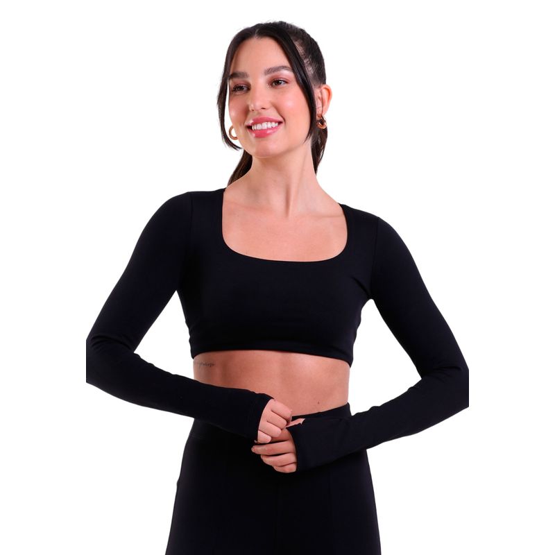 Cropped Fitness Manga Longa com Transpasse Supplex