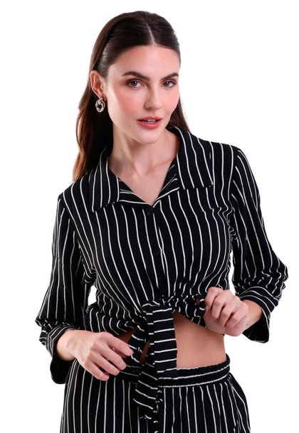 Cropped com Manga 3/4 Tuxpan Listrado Preto