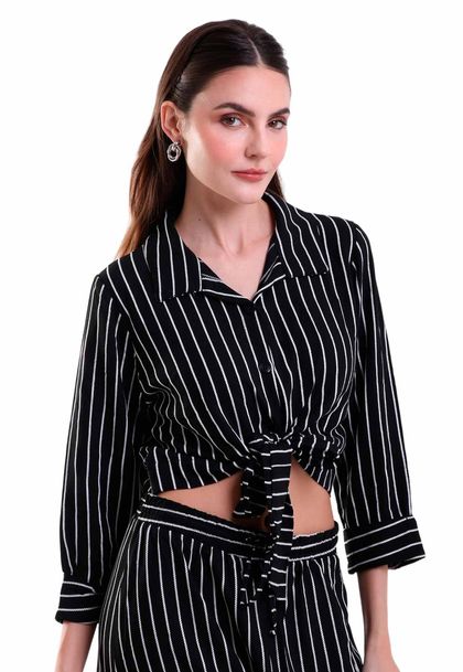 Cropped com Manga 3/4 Tuxpan Listrado Preto