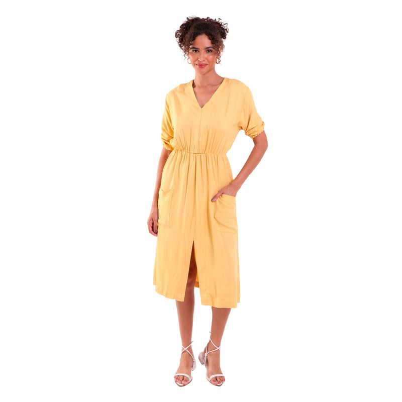 Vestido Midi Heavy Twill com Decote V e Fenda