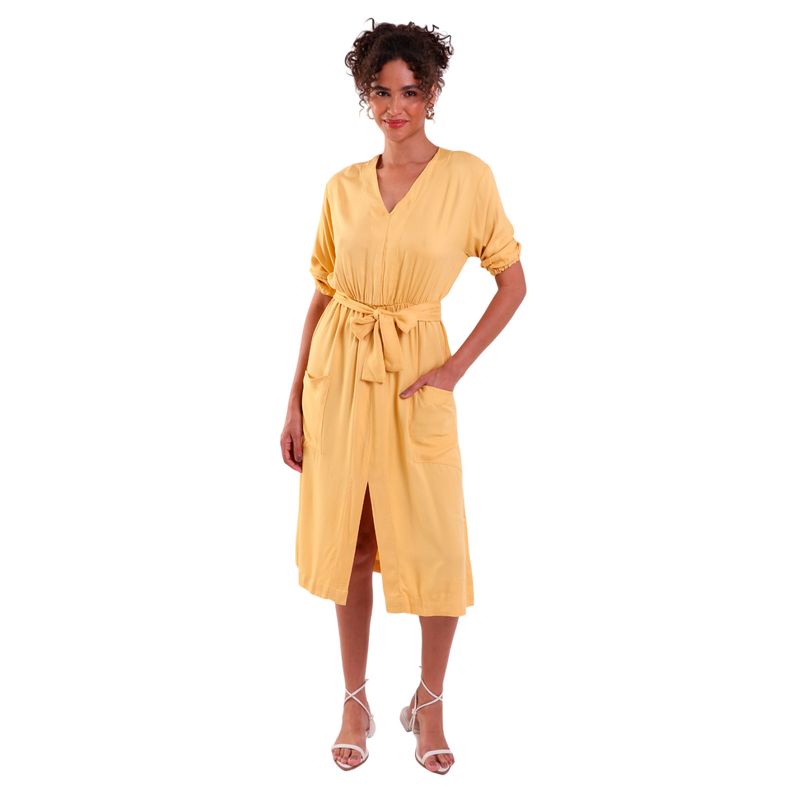 Vestido Midi Heavy Twill com Decote V e Fenda