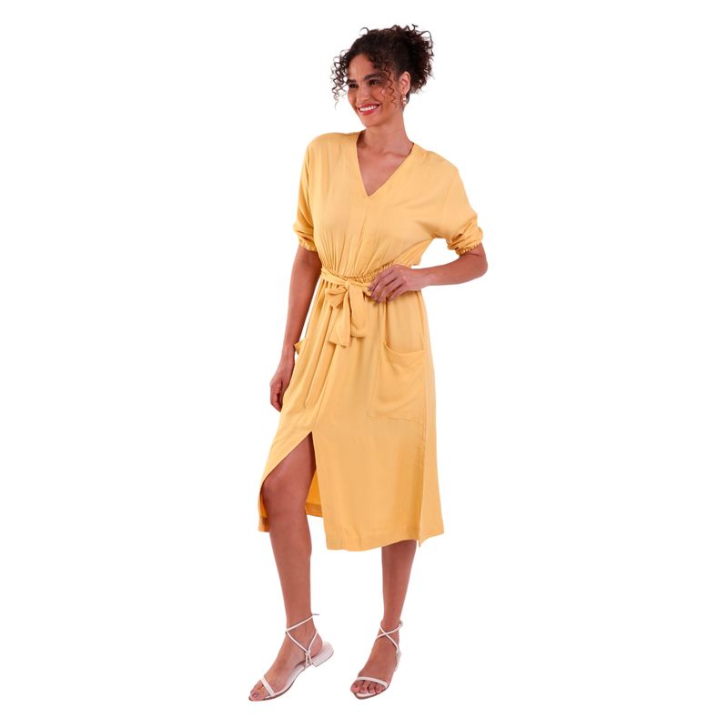 Vestido Midi Heavy Twill com Decote V e Fenda