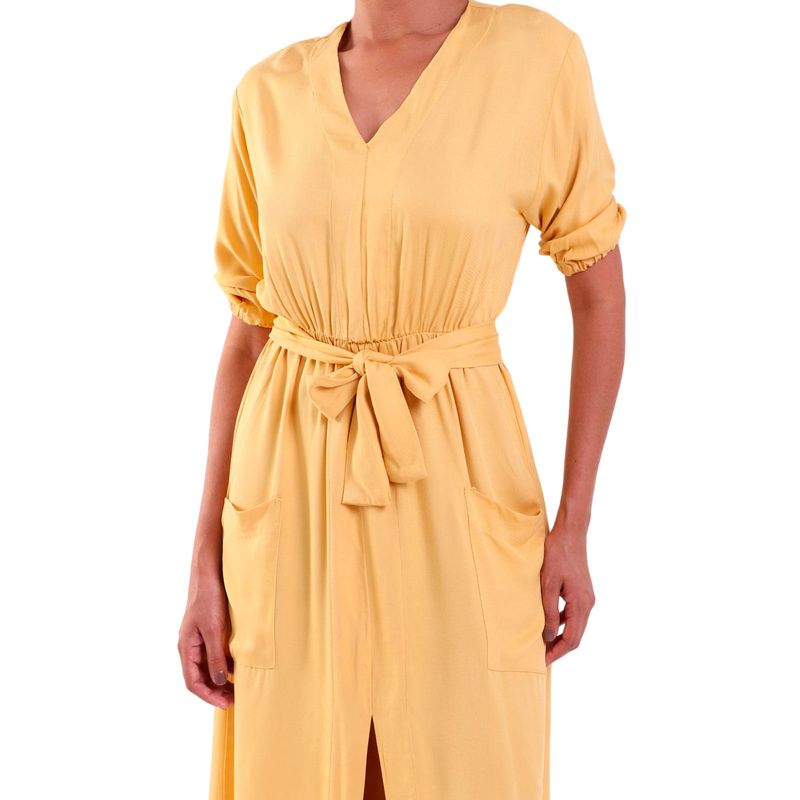 Vestido Midi Heavy Twill com Decote V e Fenda
