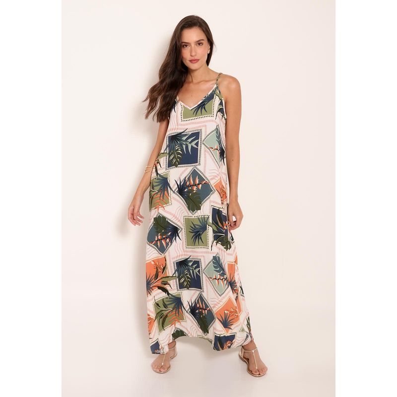 Vestido de Alça com Decote V Universe Tropical Stamp