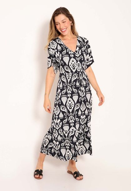 Vestido Midi Fluxy com Babado Manga Curta - Black Batik