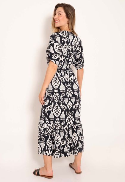 Vestido Midi Fluxy com Babado Manga Curta - Black Batik