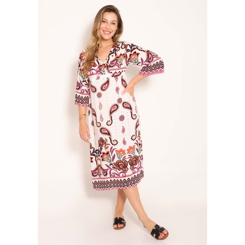 Vestido Universe Com Decote V e Manga 3/4 Ampla - Pink Pasley