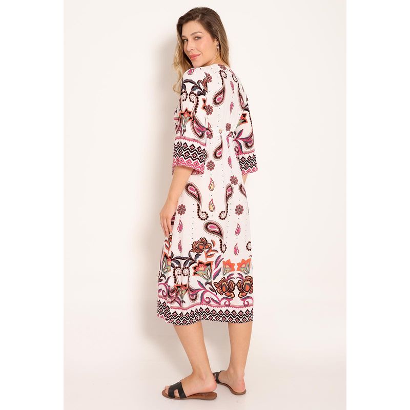 Vestido Universe Com Decote V e Manga 3/4 Ampla - Pink Pasley