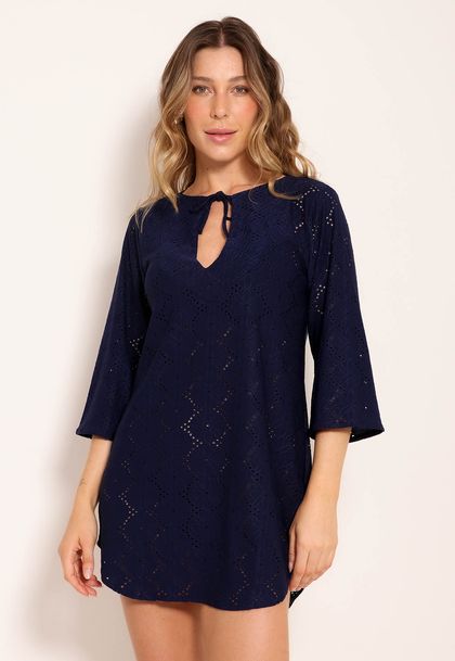 Vestido Classic Laise Saída de Praia Gola V e Manga 3/4