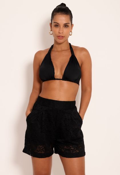 Short De Renda Com Bolsos e Pregas