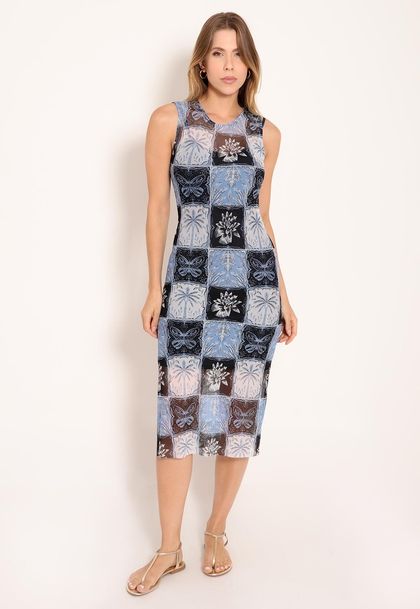 Vestido Tule Midi Regata Gola Careca Stamp